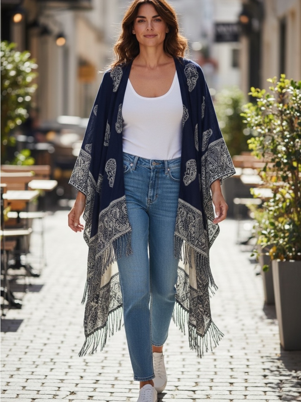 Abercrombie and Fitch Women's Navy Paisley Fringe Open-Front Cardigan Sweater